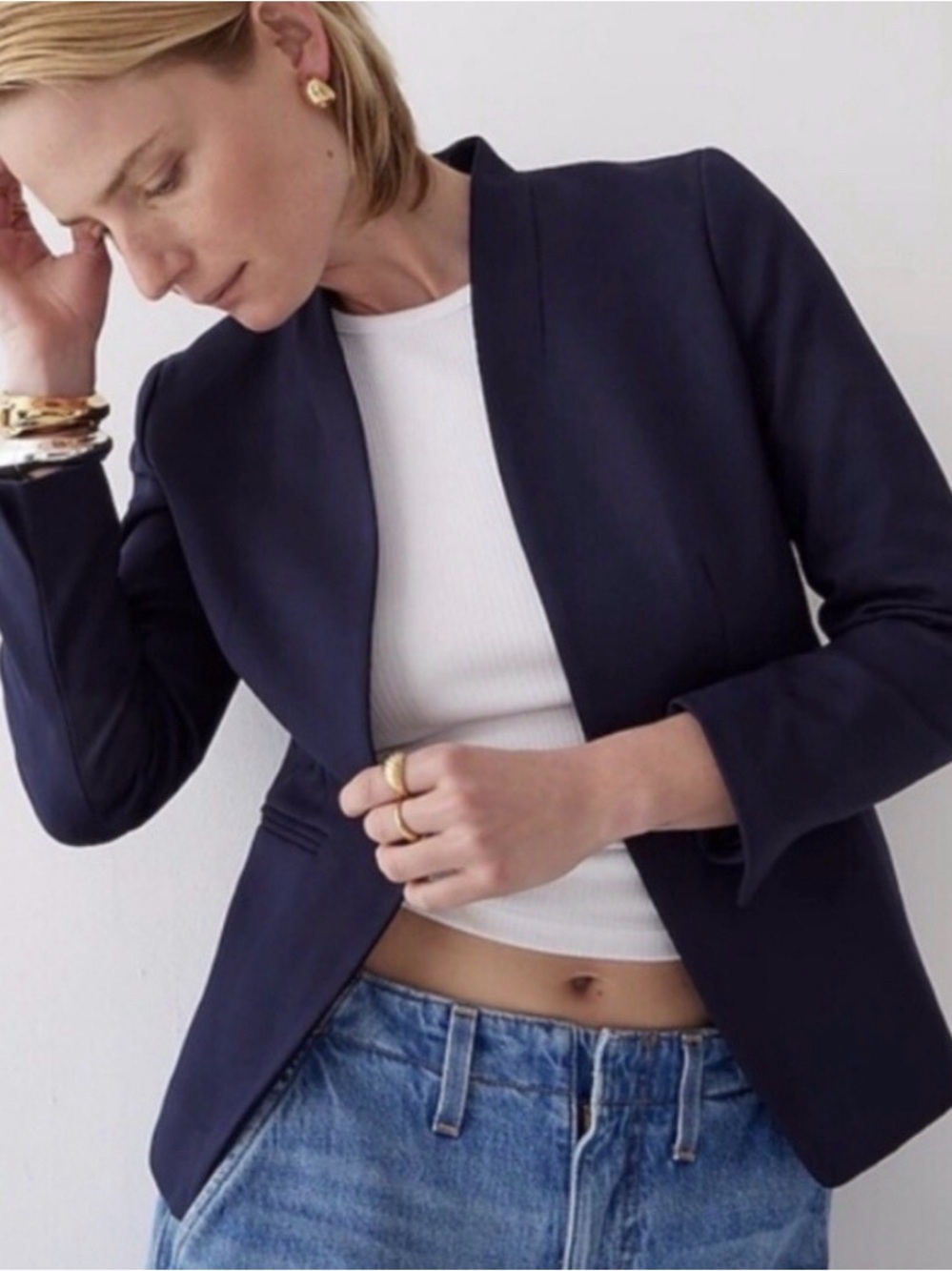 J. Crew Navy Collarless Blazer Jacket Linen Cotton Blend Hook eye closure size 6